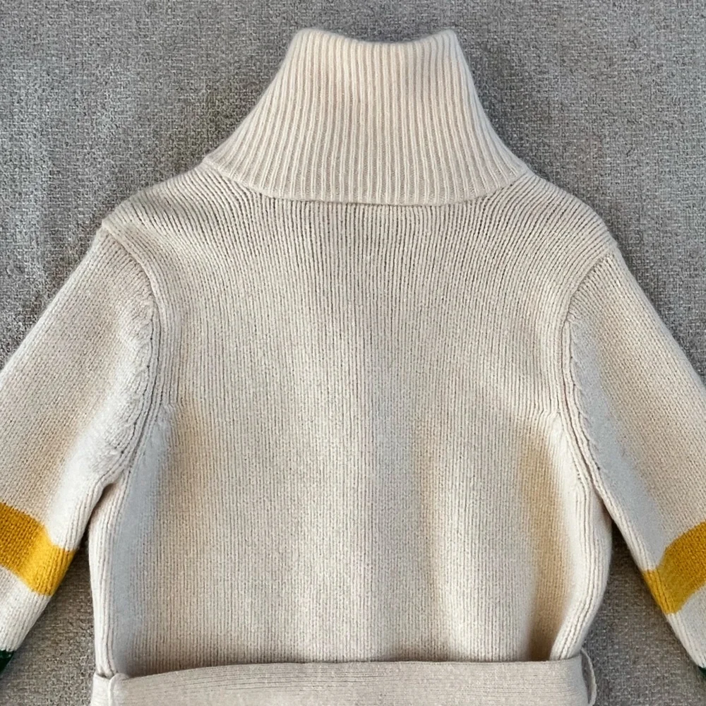 Liz Claiborne Vtg lambs wool blend tie waist sweater, Hudson Bay stripe design - Picture 16 of 16
